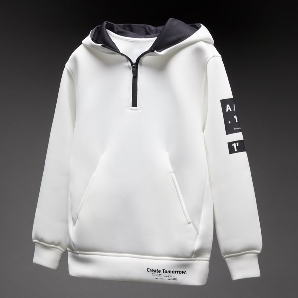 Zara Boys White Hooded Tech Wear Sweatshirt With Half Zip Size 10 Polyester